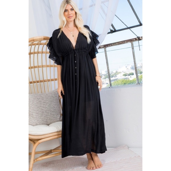 SOLD OUT Black Gauze Boho Button Short Slv Deep V Woven Gathered Maxi Dress - Picture 4 of 7